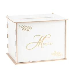 Urne "Merci" en bois - Blanc et Or - 30 x 23,5 x 23,6 cm