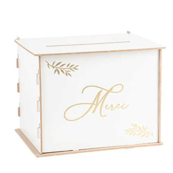 Urne "Merci" en bois - Blanc et Or - 30 x 23,5 x 23,6 cm